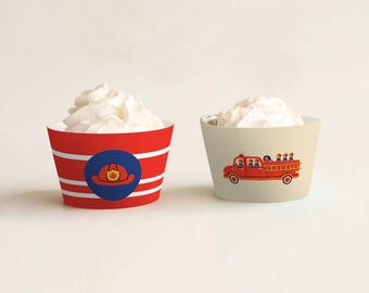 Firetruck Cupcake Wrappers Printable | DIY Fire Fighter Cupcake Liners | Fire Station Birthday | Fireman Party | Red Fire Engine | Canva