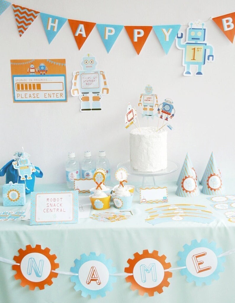 Robot Party Kit Printables Robot Decor Set DIY Robot birthday party for boys and girls Orange Blue Theme Colors Retro Robot DIGITAL image 1