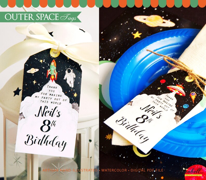 Outer Space Favor Tags Printable DIY Personalized Astronaut party tags Thank You Tags Rocketship UFO Galaxy Birthday Party gift tag image 4