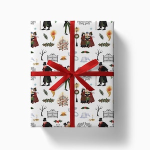 Papel de regalo "Un cuento de Navidad" / Blanco / Papel de regalo ilustrado de Charles Dickens "Scrooge" / Envoltorio navideño artesanal de cuentos navideños