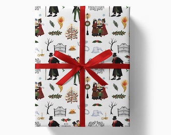 Eine Weihnachtslied-Geschenkverpackung | Weiß | Charles Dickens Christmas Scrooge Illustriertes Geschenkpapier | Handgefertigte Weihnachts-Wrapper