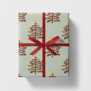 Carta da regalo per albero di Natale con canti natalizi / Carta da regalo illustrata per albero di Natale illuminato da candele / Foglio da regalo di Natale con pino verde