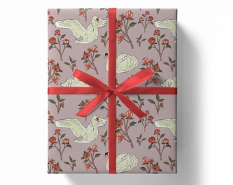 Swan and Roses Wrapping Paper | Illustrated Gift Wrap | Chic Modern Floral Beautiful Swan Gift Wrapping Sheet | Swan Lake Pond Nature Paper