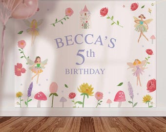 Fairy Backdrop 80x60" Printable | Personalized Flower Fairies Party Large Backdrop | Fairy Birthday Banner | Fairy First Decor | Fairy Party