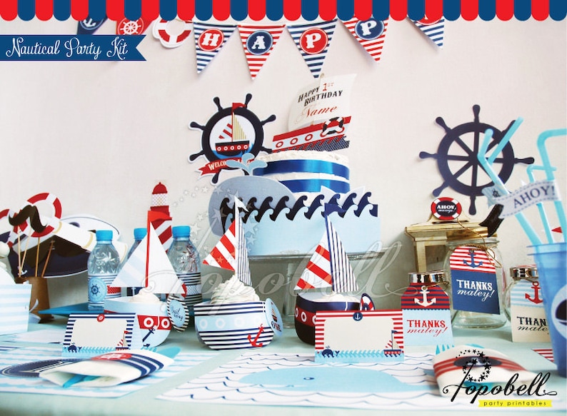 Nautical Party Kit Digital printables. Complete Set Party Printables. DIY Nautical birthday party template. Nautical Baby Shower Printables image 4