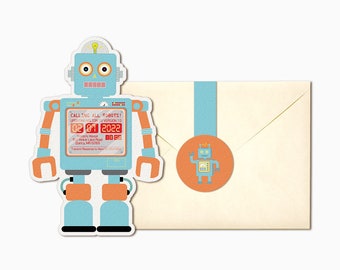 Robot Invitation Printable | DIY Robot Birthday Party Invites | Personalized Retro Robot | Orange Pastel Blue | Robot Baby Shower | PDF