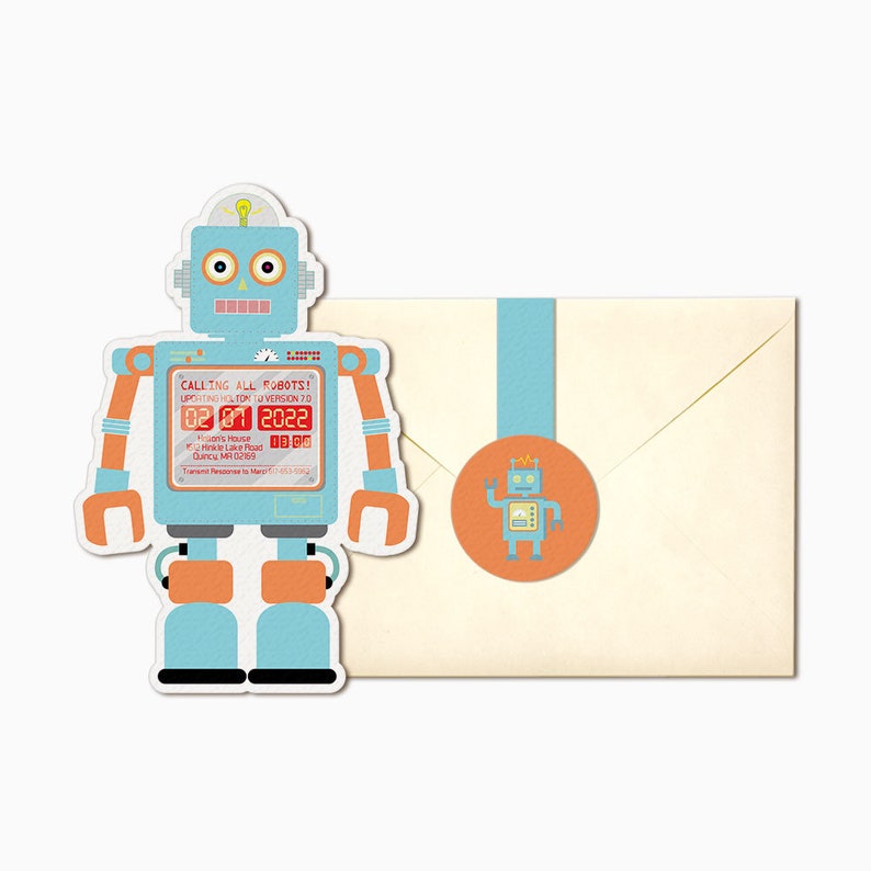 Robot Invitation Printable DIY Robot Birthday Party Invites Personalized Retro Robot Orange Pastel Blue Robot Baby Shower PDF imagem 1