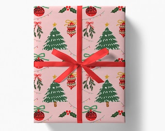 Christmas Tree Gift Wrap | Chic Modern Festive Illustrated Wrapping Paper | Artisan Holiday Season Pink Paper Wrapper | Baubles Tree Decor