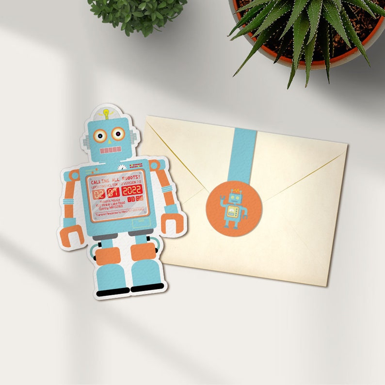 Robot Invitation Printable DIY Robot Birthday Party Invites Personalized Retro Robot Orange Pastel Blue Robot Baby Shower PDF image 2