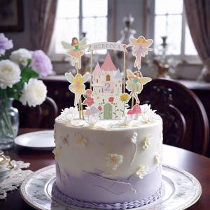 May include: A white frosted cake with a purple ombre base, decorated with white flowers and a fairy-themed cake topper. The topper features a castle, fairies, and the name "Rebecca" with the number "2".