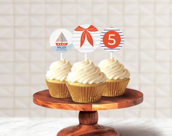 Editable Nautical Cupcake Toppers Printable, Sail Boat Round Labels, Ship Circles Labels, Nautical Birthday Party Tags, Canva Template 0001