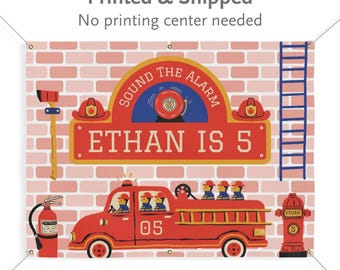Printed & Shipped Firefighter Birthday Backdrop 48x36, Personalized Firetruck Party Banner, Kids Fireman Party Decor, Red Fire Engine Sign