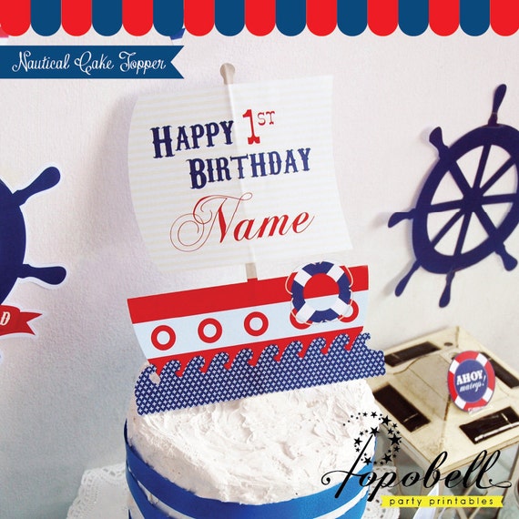 Nautical Cake Topper for Nautical Birthday Party. Personalized Nautical Centerpiece for Nautical Birthday Cake. DIY Nautical Printable. Il_570xn