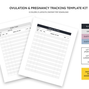 Puede incluir: Dos hojas de papel blancas con un diseño de cuadrícula gris para el seguimiento de la ovulación y el embarazo. El texto "OVULATION & PREGNANCY TRACKING TEMPLATE KIT" está en la parte superior. El texto adicional incluye opciones de color, detalles de diseño y "INSTANT PDF DOWNLOAD".