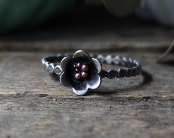 Pollen Flower Stacking Ring in Sterling Silver & Copper with Rustic Darkened Oxidized Patina, Floral Boho Ring, Custom // Made to Order