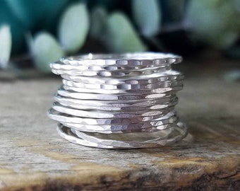 Dainty Sterling Silver Stacking Rings | Set of 5 | Thin, Lightweight Hammered, Faceted & Concave Rings | Nano Stax | Custom // Made to Order