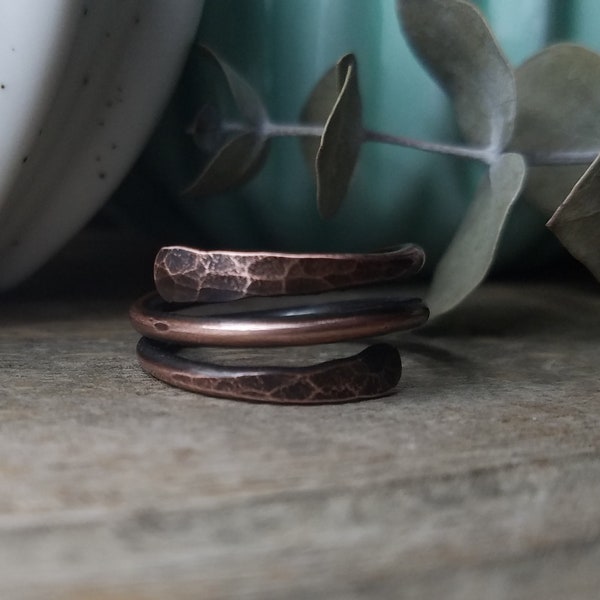 Hammered Copper Bypass Ring, Wrap Ring, Paddle Ring, Rustic Antiqued Oxidized Finish Copper Jewerly, Non Adjustable, Custom // Made to Order