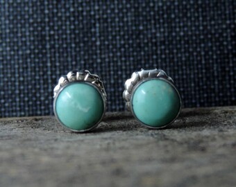 Turquoise Stud Earrings | Kingman Mine | Sterling Silver + 6mm Turquoise, Oxidized Brushed Finish, Swirl Back, Ready To Ship