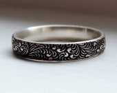 Feather Plume Peacock Pattern Ring Band Sterling Silver Stacking Ring Oxidized Patina, Victorian, Engagement, Cutsom Made to Order