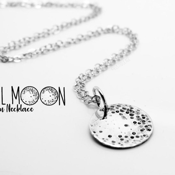 Dainty Silver Full Moon Charm Necklace, Celestial Jewelry, Hammered Craters, Lunar Phase, Astrology | 1/2" Moon | Custom // Made to Order