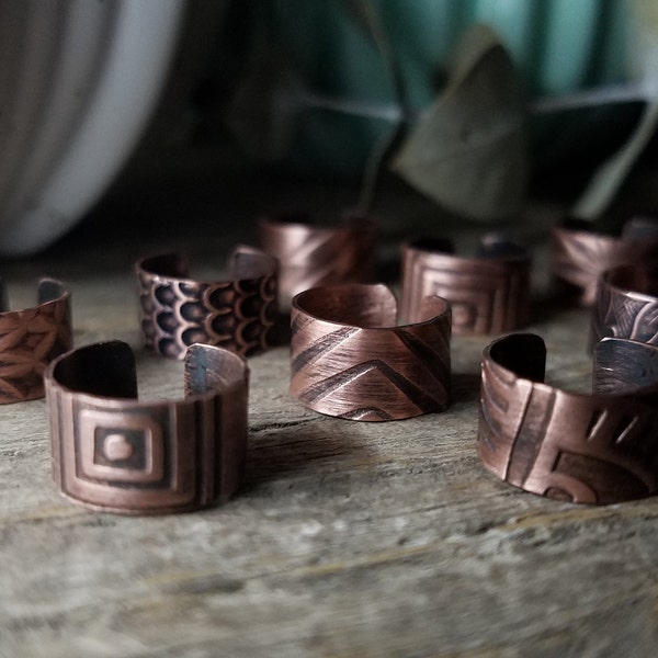 Rustic Copper Ear Cuffs, One of a Kind | Unique Singles | Etched & Antiqued Solid Copper Huggie Ear Wrap, Discount // Ready to Ship