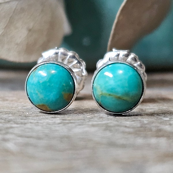 Turquoise Stud Earrings | 6mm Kingman Turquoise | Sterling Silver, Designer Boho Bohemian, Rustic Swirl Back // Ready To Ship