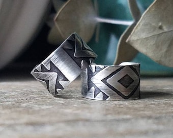 Conch Ear Cuffs Southwest Diamond Pattern | Single or Set | Etched & Antiqued Sterling Silver Huggie Ear Wrap, Custom // Made to Order