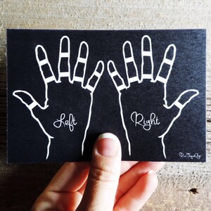 Peut inclure: Une carte noire avec des dessins au trait blancs de deux mains, &eacute;tiquet&eacute;es "Left" et "Right". Les mains sont repr&eacute;sent&eacute;es avec des lignes indiquant les doigts et les jointures. La carte est tenue contre une surface en bois.