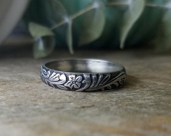 Western Floral Sterling SilverStacking Ring Band, Antique, Oxidized Patina, Stacking Ring | Phat Stax | Custom // Made to Order