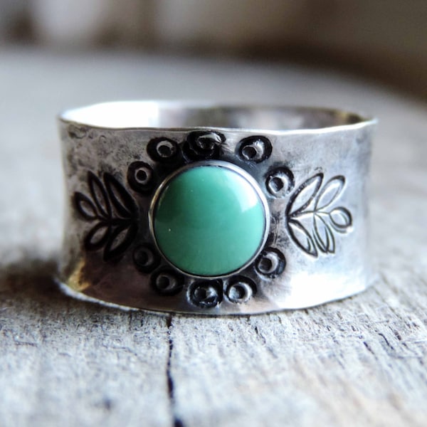 Turquoise & Sterling Silver Wide Cigar Band Ring, Hammered Leaf Design, Ultra Lightweight | Wide Band | Custom // Made to Order