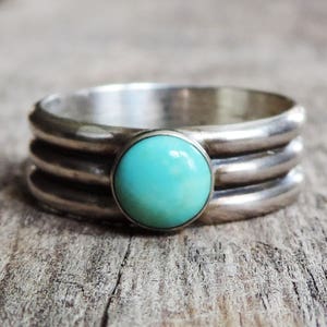 Turquoise Triple Ribbed Sterling Silver Band | Genuine Kingman Turquoise | Oxidized Patina, Wedding | Phat Stax | Custom // Made to Order