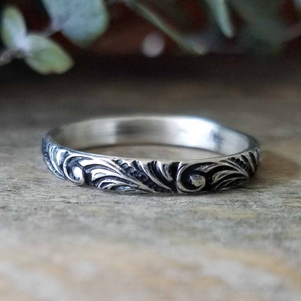 Flourish Sterling Silver Stacking Ring Band, Leaf Vine, Plume Curling Fern | Phat Stax | Custom // Made to Order