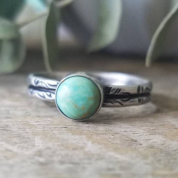 Sterling Silver & Turquoise Stacking Ring, Leaf Band, Genuine Turquoise, Engagement Ring | Phat Stax | Custom // Made to Order