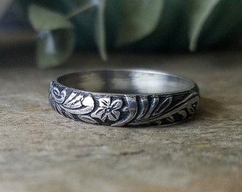 Western Floral Sterling Silver Leaf Stacking Ring Band, Vintage Flower & Antique Vine Pattern | Phat Stax | Custom // Made to Order