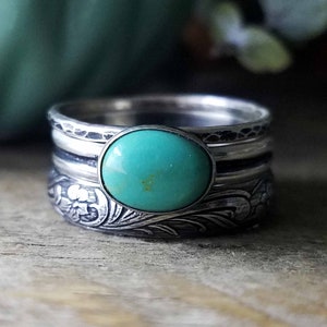 Floral Paisley Oval Turquoise & Sterling Silver Ring Set, Flower and Leaf Pattern, Engagement Ring, Wedding Set, Custom // Made to Order