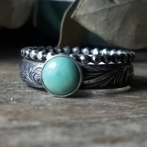 Turquoise & Sterling Silver | Kingman Turquoise Ring Set | Set of 2, Rustic Oxidized Patina, Engagement Wedding Set, Custom // Made to Order