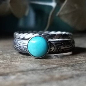 Turquoise Floral Stacking Ring Set of 2 | Phat Stax Collection | Sterling Silver, Floral Band, Flat Twist, Size 6.5 // Ready to Ship