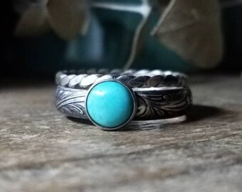 Turquoise Floral Stacking Ring Set of 2 | Phat Stax Collection | Sterling Silver, Floral Band, Flat Twist, Size 6.5 // Ready to Ship