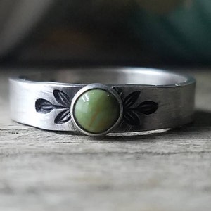 Sterling Silver & Green Turquoise Stacking Ring Band | Flat Stax - Etched Laurel Leaf Pattern | Oxidized Finish, Custom // Made to Order
