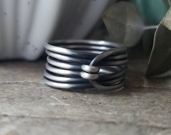 Boho Sterling Silver Wrap Ring, Minimalist Wide Band Wire Wrapped Ring Rustic Oxidized Finish, Unique Stacking Rings // Made to Order