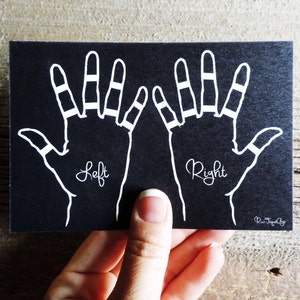 Pode incluir: Ilustra&ccedil;&atilde;o em preto e branco de duas m&atilde;os com as palavras "Esquerda" e "Direita" escritas nelas.