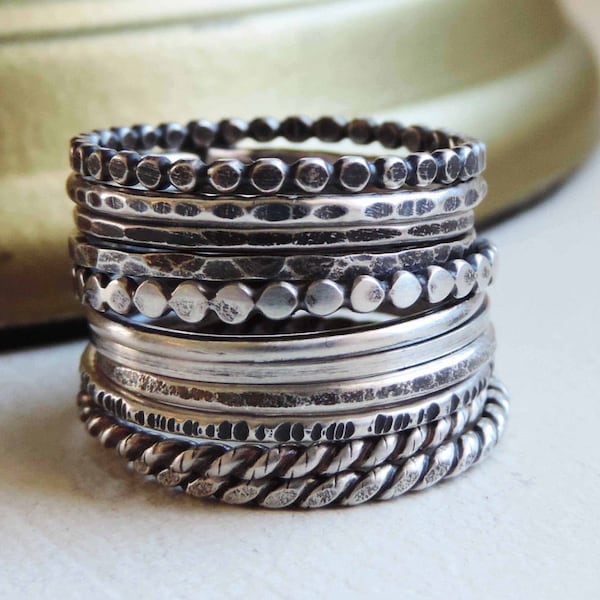 Oxidized Sterling Silver Stacking Rings, Custom Hammered Textures, | Original Collection / Gypsy Stax | Custom // Made to Order