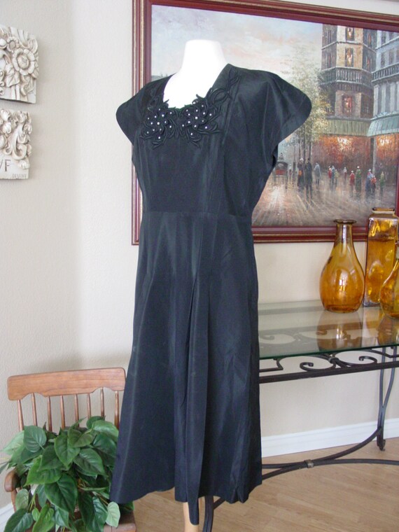 1930-40s Black Taffeta Dress with Lace Applica/Hou