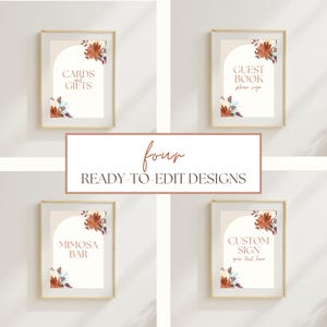 Pode incluir: Quatro sinais imprimíveis com um design floral de outono. Os sinais dizem "Cartões e presentes", "Livro de visitas, por favor, assine", "Bar de mimosa" e "Sinal personalizado, seu texto aqui".
