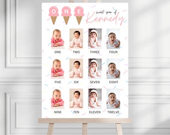 Op de afbeelding: Een roze en wit ijshoorntje-thema eerste verjaardagsteken met 12 foto's van een babymeisje. Het bord zegt "Sweet year of Kennedy" en heeft de nummers één tot en met twaalf met een foto voor elke maand.