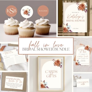 Pode incluir: Conjunto de chá de panela de outono apaixonado com uma variedade de itens imprimíveis, incluindo uma placa de boas-vindas, um convite, cartões de receita e uma placa de cartões e presentes. O design apresenta um tema floral de outono com cores laranja, marrom e branco.