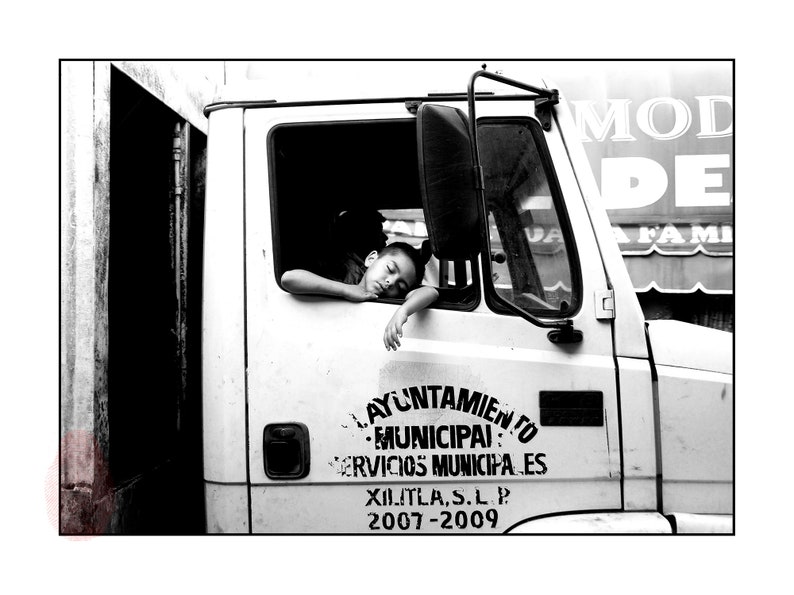 Xilitla Mexico Child Dreaming In A Truck Window Printable Digital Instant Download Black and White Mexican Street Photography