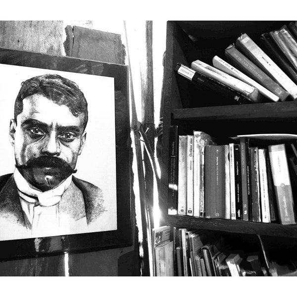 Black and White Photography, Zapata Portrait And Books, Mexico, Printable Digital Instant Download