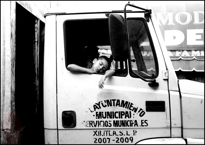 Xilitla Mexico Child Dreaming In A Truck Window Printable Digital Instant Download Black and White Mexican Street Photography