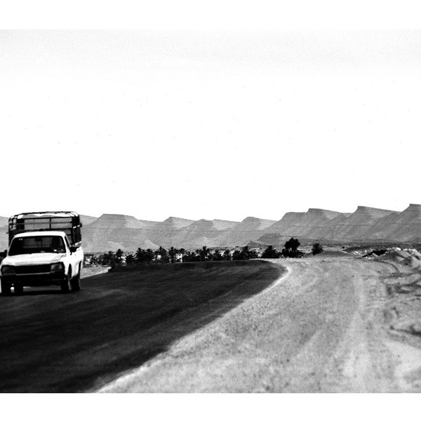 Black and White Desert Photography, A Car On The Road, South Tunisia, Printable Digital Instant Download